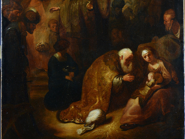 Rembrandt van Rijn (attr.), <em>Adorazione dei Magi</em>, 1632-33. Olio su carta applicata su tela, 54x43,5 cm. Collezione privata, Roma