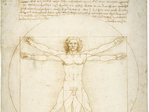 Leonardo da Vinci, Le proporzioni del corpo umano secondo Vitruvio (Uomo vitruviano), 1490 circa. Punta metallica, penna e inchiostro, tocchi di acquerello su carta bianca, 344 ✕ 245 mm. Venezia, Gallerie dell’Accademia, Gabinetto dei Disegni e Stampe