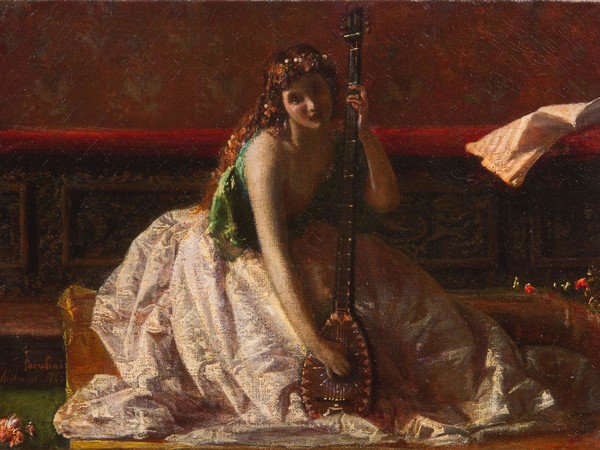 Federico Faruffini, Suonatrice di liuto, 1865, olio su tela, 26x35 cm. Collezione privata