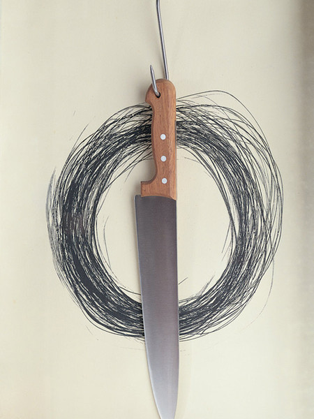 J. Kounellis, Coltello, 2000; carta, matita, coltello, gancio, cm 25x45