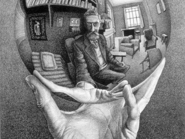 Maurits Cornelis Escher, Mano con sfera riflettente, 1935, Litografia 21.3 x 31 cm, Collezione privata All M.C. Escher works 