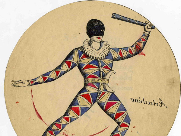 Modello colore per piatto con Arlecchino, della serie “Maschere d’Italia”, Piero Fornasetti, anni ’50. Litografia su carta dipinta a mano. Courtesy Archivio Fornasetti.