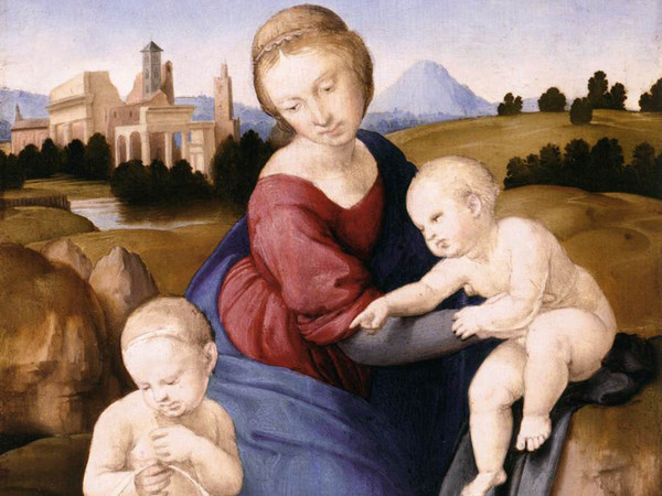 Raffaello Sanzio (Urbino 1483 - Roma 1520), <em>Madonna col Bambino e San Giovannino (Madonna Esterhazy)</em>, 1508 ca., Tempera e olio su tavola, 29 x 21.5 cm | Public Domain