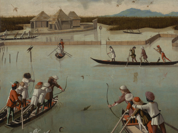 Vittore Carpaccio, Caccia in laguna (recto), 1490-1495 circa, Stipo delle lettere (verso), 1490-1495 circa, Olio su tavola, 75.6 x 63.8 cm, Los Angeles, The Jean Paul Getty Museum