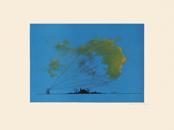 Daniele Lievi, L'isola con il paracadute, cm. 44x32. Tecnica mista su carta