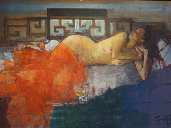 Geoffrey Humphries, Reclining Nude on Opium Bed with Red Silk, Olio su tela, 120 x 100 cm | Courtesy of the Artist and The Osborne Studio Gallery, London