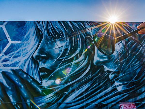 StarFighterA, REBIRTH, Santa Monica, Los Angeles, Portrait painted by StarFighterA on the side of Ed’s Liquor Store in Santa Monica, This mural still exists | Photo © Vonjako
