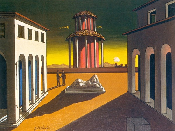 Giorgio de Chirico, Piazza d'Italia (1954-55), olio su tela, cm 40 x 50. © Courtesy Galleria d'Arte Maggiore G.A.M., Bologna.