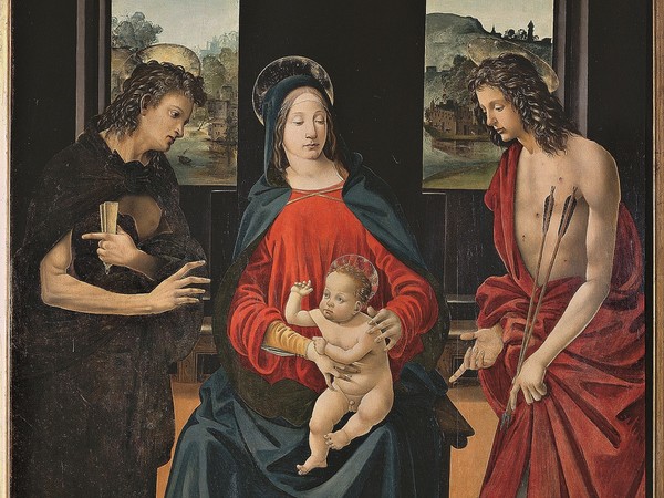 Piero di Cosimo (Firenze 1462 – 1522), Madonna col Bambino in trono e i santi Lazzaro e Sebastiano, 1481-1484 circa. Tavola, cm 166 x 125. Montevettolini (Pistoia), chiesa dei Santi Michele arcangelo e Lorenzo martire