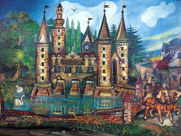 Antonio Ligabue, Castello, 1954, olio su faesite, cm. 95x125