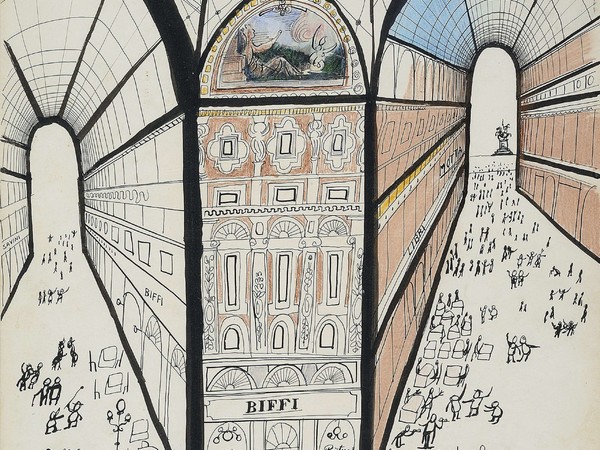 Saul Steinberg, Galleria di Milano, 1951, inchiostro, matita grassa e acquerello su carta. Collezione privata