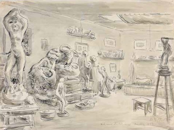 Armando Giuffredi, Lo studio, 1942, penna acquerellata, cm. 31x42