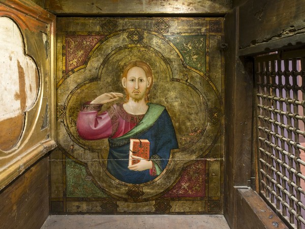 Maestro Espressionista di Santa Chiara (Palmerino di Guido). Cassa di Sant'Ubaldo, Cristo benedicente (particolare). Gubbio, Raccolta Memorie Ubaldiane