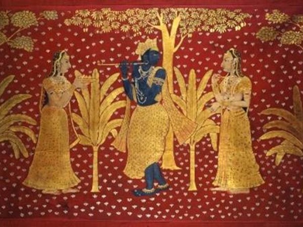 Krishna suona il flauto omaggiato da due gopi. India, Rajasthan, XVIII secolo d.C. Tempera e foglia d’oro su cotone