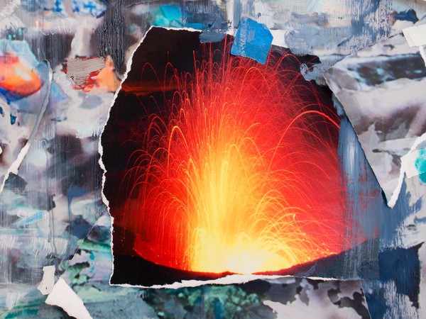 Sarah Sze, <em>First Time (Half-life)</em>, 2018 (detail), oil paint, acrylic paint, archival paper, adhesive, tape, ink, acrylic polymers, shellac, and water-based primer on wood © Sarah Sze