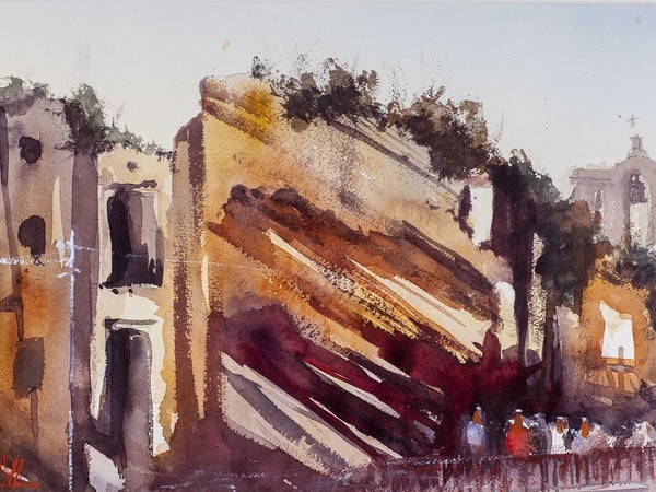 Simone De Marco, Muro di tufo al Rabato, 2016, acquarello su carta di cotone, 38x55