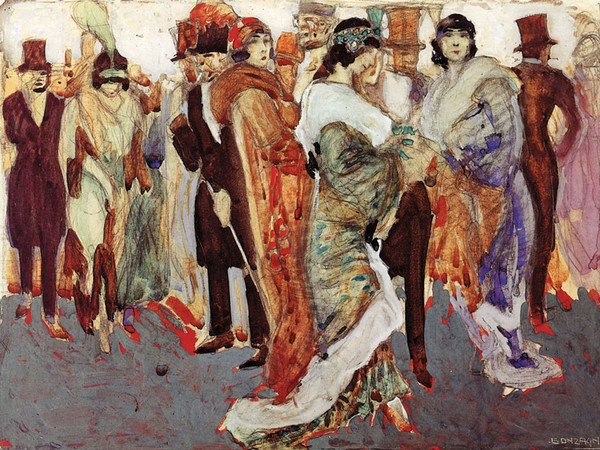 Aroldo Bonzagni, All'uscita dalla Scala, 1910, Acquarello e tempera su carta applicata a cartone, 50.5 x 40.5 cm, Milano, Galleria d'Arte Moderna