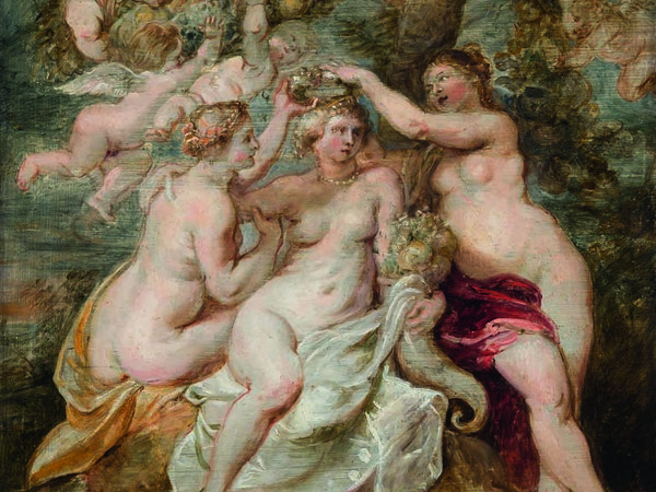 Peter Paul Rubens, <em>Le ninfe incoronano la Dea dell'Abbondanza</em>, 1622 circa, Olio su tavola, 34.5 x 48.5 cm<br />