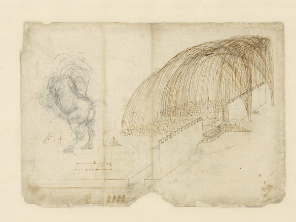 Leonardo da Vinci, Codice Atlantico (Codex Atlanticus), Foglio 72 recto, A destra, Studio di bombardamento con traiettoria per la caduta delle bombe oltre le mura di una fortezza, A sinistra, disegno preparatorio per la Battaglia di Anghiari | © Veneranda Biblioteca Ambrosiana / Mondaori Portfolio