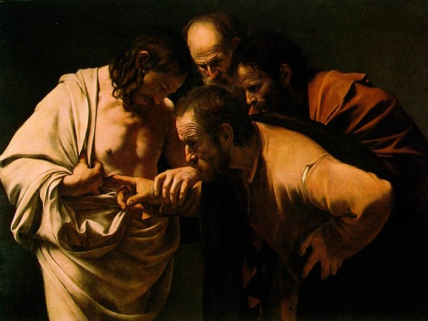 Caravaggio, <em>Incredulità di san Tommaso</em>, 1601-1602, olio su tela, 118x156,5 cm.<br />