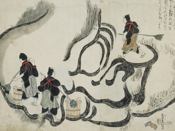 Katsushika Hokusai, Dettagli della performance di Hokusai mentre dipinge un enorme ritratto del Bodhidharma (高力猿猴庵『北斎大画即書細図』名古屋市博物館) | Courtesy of Nagoya City Museum