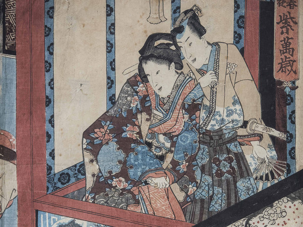 Utagawa Toyokuni III alias Kunisada (1786 - 1865), Scene di teatro Kabuki, Xilografia policroma in formato oban, 240 x 322 mm, Firmata Kochoro Toyokuni dipinse