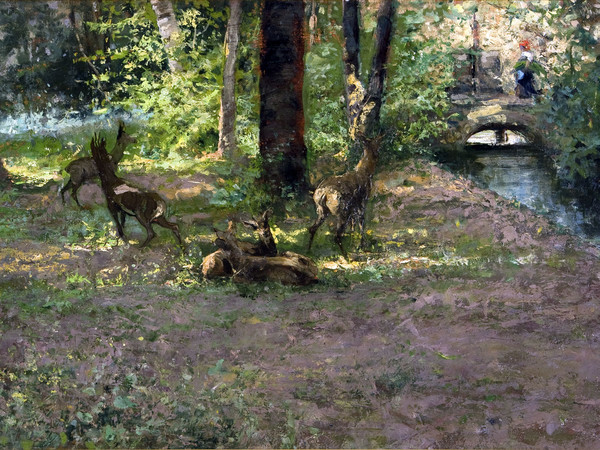 Pompeo Mariani, Parco di Monza, rumore nel bosco. Olio su tavola, 37 x 75 cm