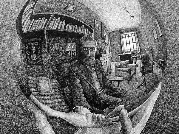 Maurits Cornelis Escher, <em>Mano con sfera riflettente</em>, 1935, Litografia, 21.3 × 31.1 cm, Collezione Maurits, Bolzano | All M.C. Escher works © 2022 The M.C. Escher Company | All rights reserved