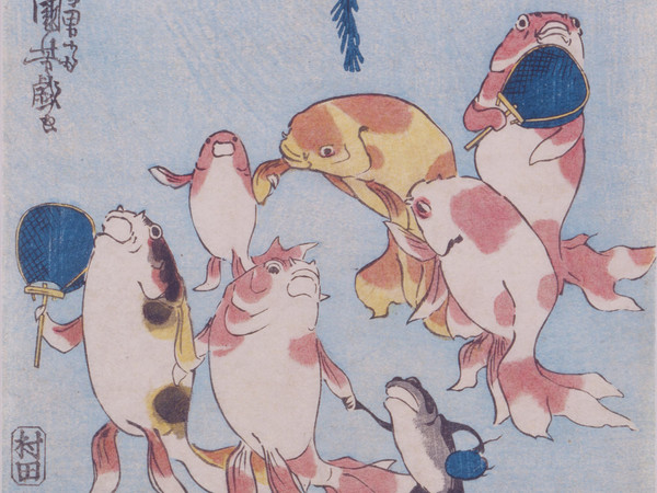 Utagawa Kuniyoshi, Composizione di pesci rossi che cantano “bonbon” (Kingyo zukushi bonbon), Circa 1842, Silografia policroma (nishikie), 17. x 23.23 cm, Masao Takashima Collection