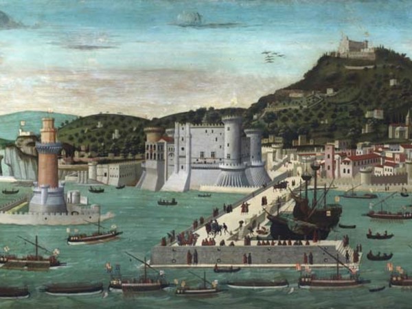 Francesco Pagano (Attr.), Tavola Strozzi (Veduta della città di Napoli con il ritorno della flotta aragnese dopo la Battaglia di Ischia, Tempera su tavola, 245 x 82 cm, Napoli, Museo di San Martino