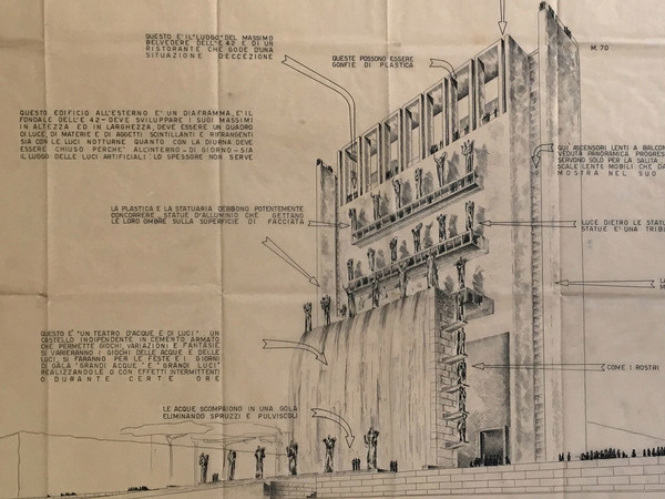 Progetto per il Concorso del Palazzo dell'Acqua e della Luce all'E42, Roma 1939. Veduta prospettica, china su lucido con indicazioni a china, mm. 855x1045