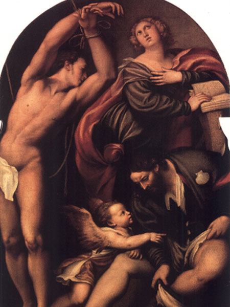 I Ss. Caterina, Sebastiano e Rocco cui un angelo mostra il cammino