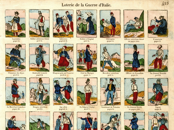 Loterie de la Guerre d’Italie, Epinal, Fabrique de Pellerin, 1850-1874, Stampa, xilografia (290 x 350 mm), Collezione Classense, Altro gioco a estrazione che prevede che vengano ritagliate le singole tessere e pescate da una scatola: sulle tessere sono raffigurati vari personaggi ed eventi legati alla campagna d’Italia di Napoleone ai quali sono associate la vincita o la perdita, Rivolto esplicitamente ai fanciulli | Courtesy of Fondazione Benetton Studi Ricerche Treviso