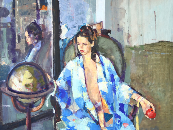 Geoffrey Humphries, Blue Kimono and Apple, 2017, Olio su tela (Particolare), 70 x 75 cm