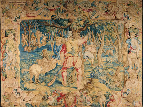 Caccia al cinghiale con l’archibugio (dalla serie delle Cacce per la villa di Poggio a Caiano: 28 arazzi da cartoni di Giovanni Stradano), Manifattura fiorentina, 1566. Firenze, Depositi Arazzi Palazzo Pitti 