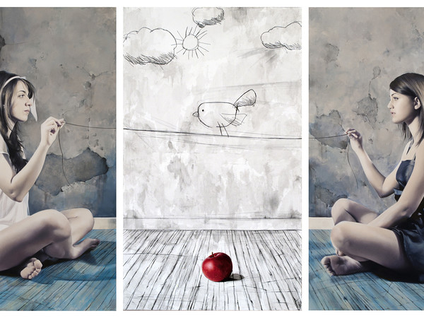 Elisa Anfuso, Potrebbe volare ma non vola, potrebbe cadere ma non cade, 2011, Olio e pastelli su tela, trittico, cm 120×180