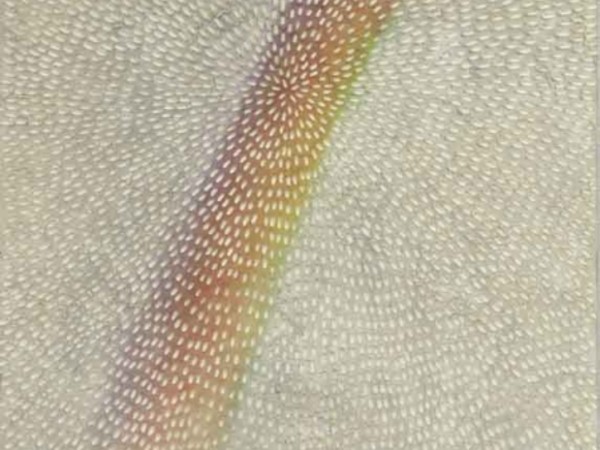 Jennifer Guidi, White Rainbow B (Painted White Sand SF #3F, White and Rainbow), 2017. Sand, acrylic and oil on linen, 234 x 188 cm<br />  <br />