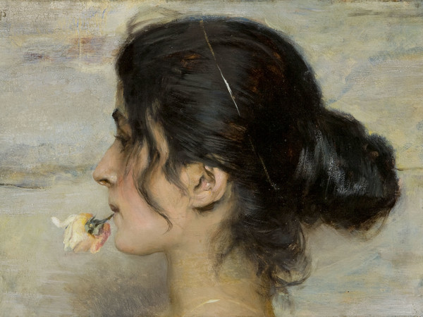 Ettore Tito (Castellammare di Stabia, 1859 - Venezia, 1941), Con la rosa tra le labbra, Collezione privata