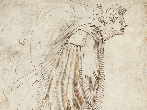 Michelangelo Buonarroti (1475 - 1564), Due figure vestite che piegano in avanti (verso), 1496-1503, Penna e due tonalità di inchiostro marrone,  Senza cornice 26.9 x 19.4 cm, Haarlem, Museo Teylers, Acquistato nel 1790 | Immagine © Museo Teylers, Haarlem