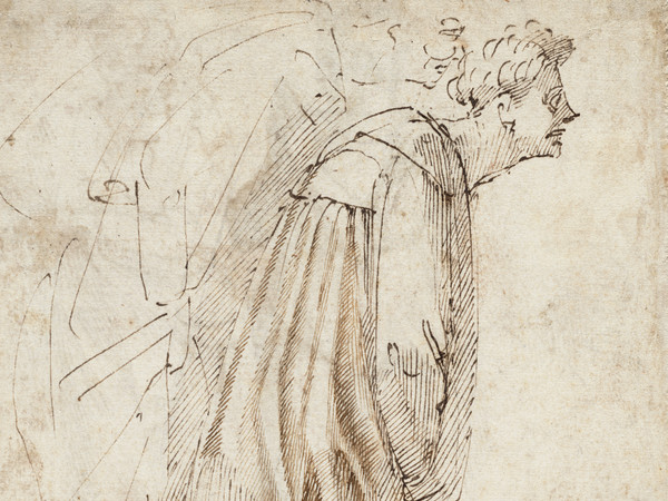 Michelangelo Buonarroti (1475 - 1564), Due figure vestite che piegano in avanti (verso), 1496-1503, Penna e due tonalità di inchiostro marrone,  Senza cornice 26.9 x 19.4 cm, Haarlem, Museo Teylers, Acquistato nel 1790 | Immagine © Museo Teylers, Haarlem