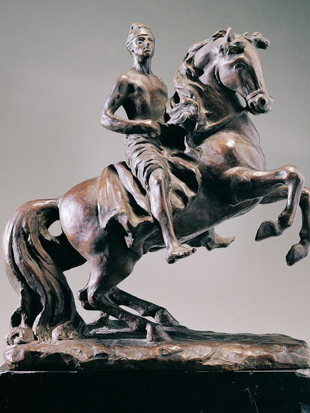 G. De Chirico, Cavallo e cavaliere con berretto frigio, 1940/’66; bronzo, h. cm 36