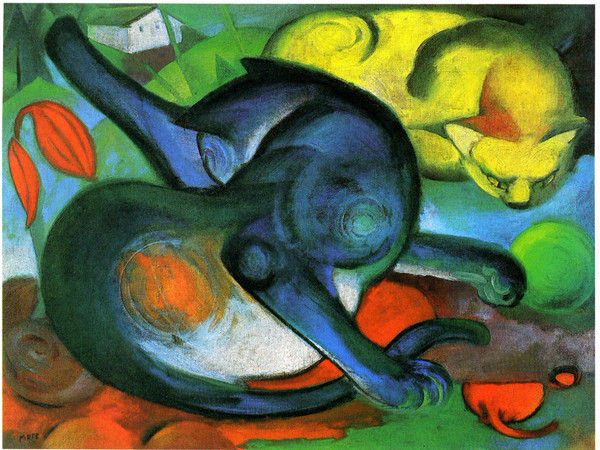 Franz Marc, Due Gatti, blu e giallo, 1912, Olio su tela, 98 x 74 cm, Basilea, Kunstmuseum | L'opera fu esposta alla mostra Entartete Kunst  del 1937