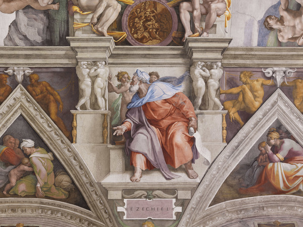 Michelangelo Buonarroti, Cappella Sistina, Profeta Ezechiele dopo lâinstallazione del nuovo impianto di illuminazione. Foto Boutique Creativa Â© Governatorato SCV â Direzione dei Musei