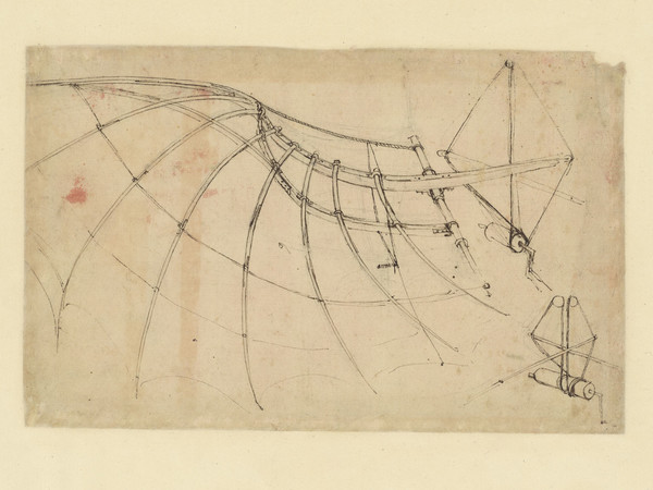 Leonardo da Vinci (1452-1519), Codice Atlantico (Codex Atlanticus), Foglio 858 recto, Ala coperta con un panno e mossa con verricello a manovella, In basso a destra, particolare del verricello | © Veneranda Biblioteca Ambrosiana / Mondaori Portfolio