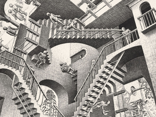 Maurits Cornelis Escher, Relatività, 1953 Litografia, 29.2 x 27.7 cm, Collezione privata, Italia | All M.C. Escher works © 2019 The M.C. Escher Company | All rights reserved www.mcescher.com