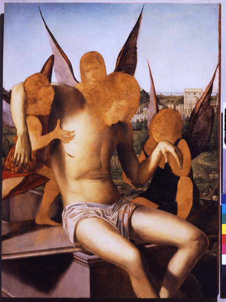 Antonello da Messina, Cristo morto sostenuto da tre angeli, 1475 olio su tavola, 117x85 cm