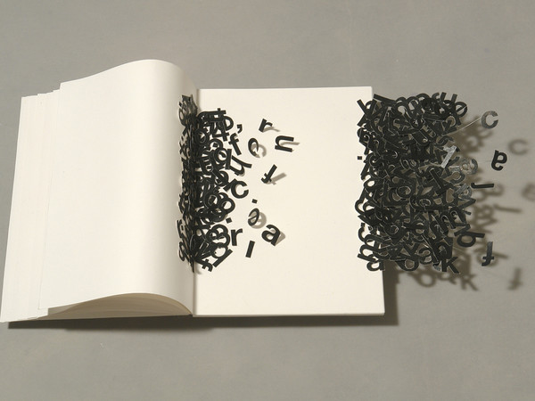 Carlo Lauricella, Scripta volant, 2013. Carta, plexiglass, filo di ferro, cm 74x42x13