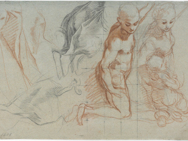 Federico Barocci, Due studi di figura, una nuda e l’altra vestita con putto fra le braccia (per la “Madonna del Popolo”, Firenze, Galleria degli Uffizi); studi di panneggi, 1575-1579 