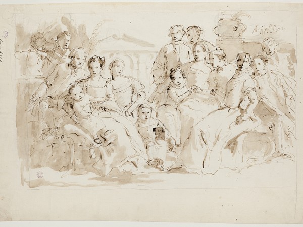  Giambattista Tiepolo, Ritratto di famiglia (Pisani di Santo Stefano), penna e inchiostro grigio, inchiostro diluito grigio-bruno, tracce di grafite, mm 310x440. Firenze, Museo Horne