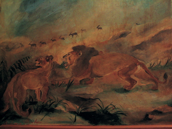 Antonio Ligabue, <em>Leone con leonessa</em>, s.d. (1932-1933), olio su tavola di compensato, cm. 50x65. Collezione privata